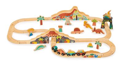 Mentari Set de Train: SET DE TRAIN DINOSAURES 95x61,5x13cm, en bois, en boîte, 3+