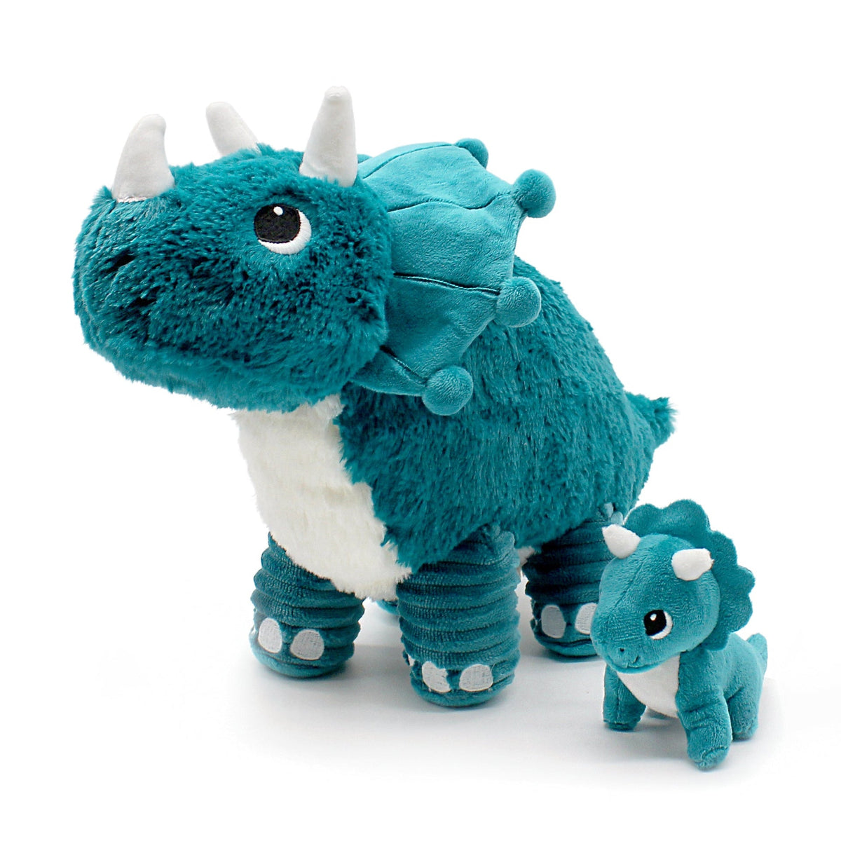 Peluche Penelops le tricératops maman et son bébé bleu paon - vue de profil de la peluche maman tricératops et de son bébé - Les Ptipotos