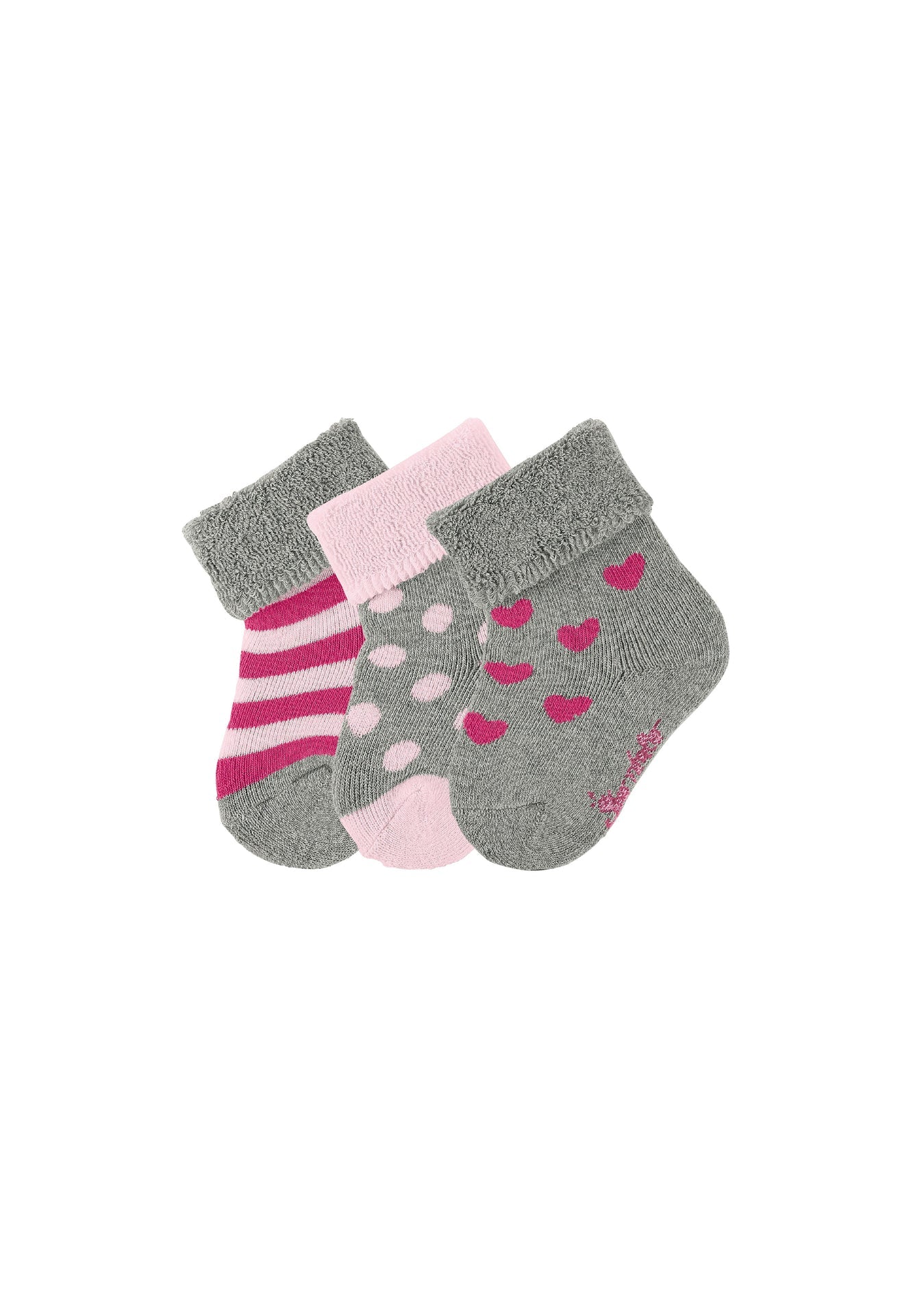 Babysocken 3er-Pack Streifen, Punkte und Herzen