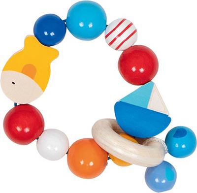 Goki Baby Hochet: BATEAU, POISSON diam.8,5cm, avec élastique, bois, en boîte fenêtre