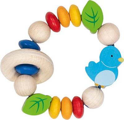 Goki Baby Hochet: OISEAU diam.8,5cm, avec élastique, bois, en boîte fenêtre