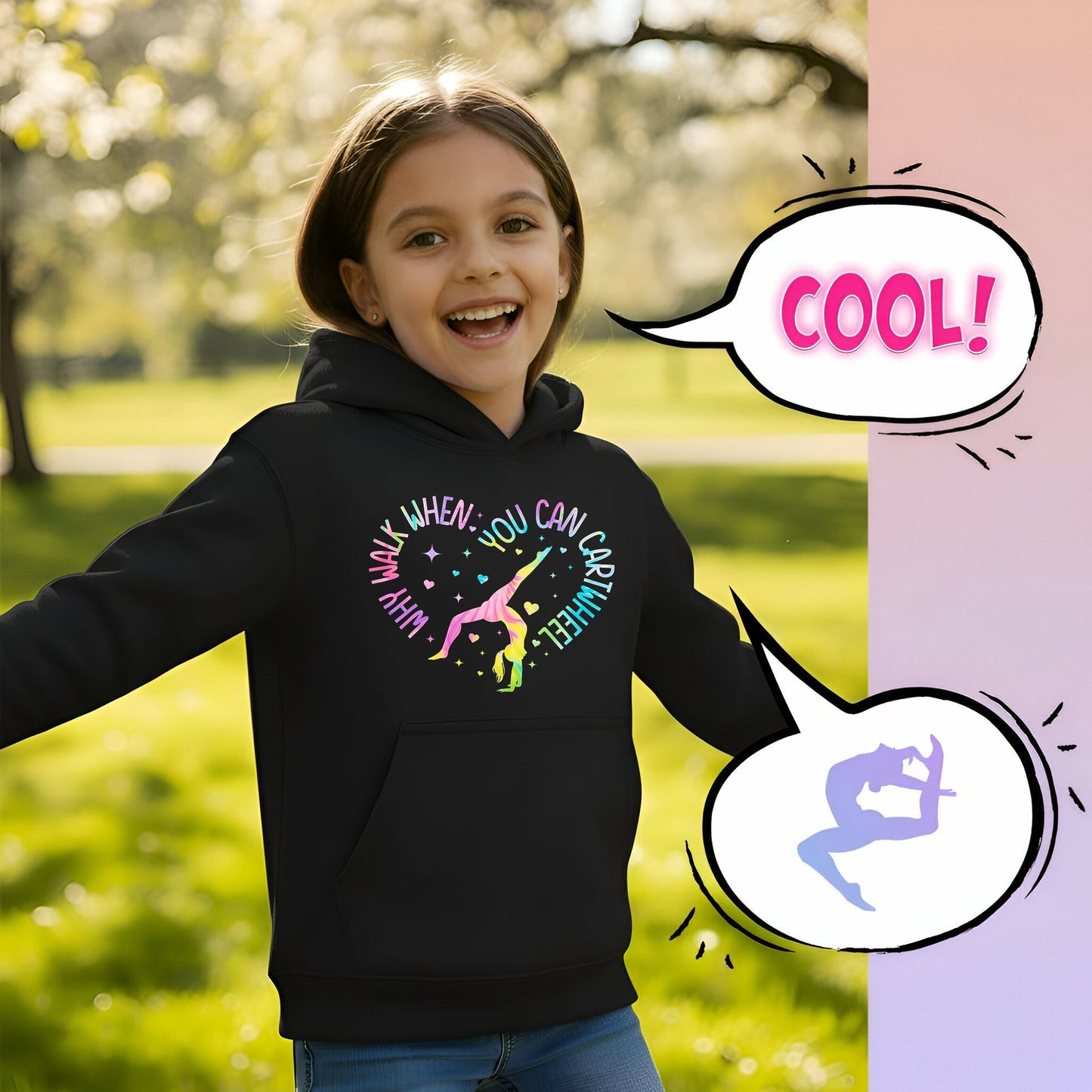 Sweat à capuche gymnastique – Fringoo Gymnastic for Cotton Rich Soft Hooded – Gymnastic CartWheel- noir