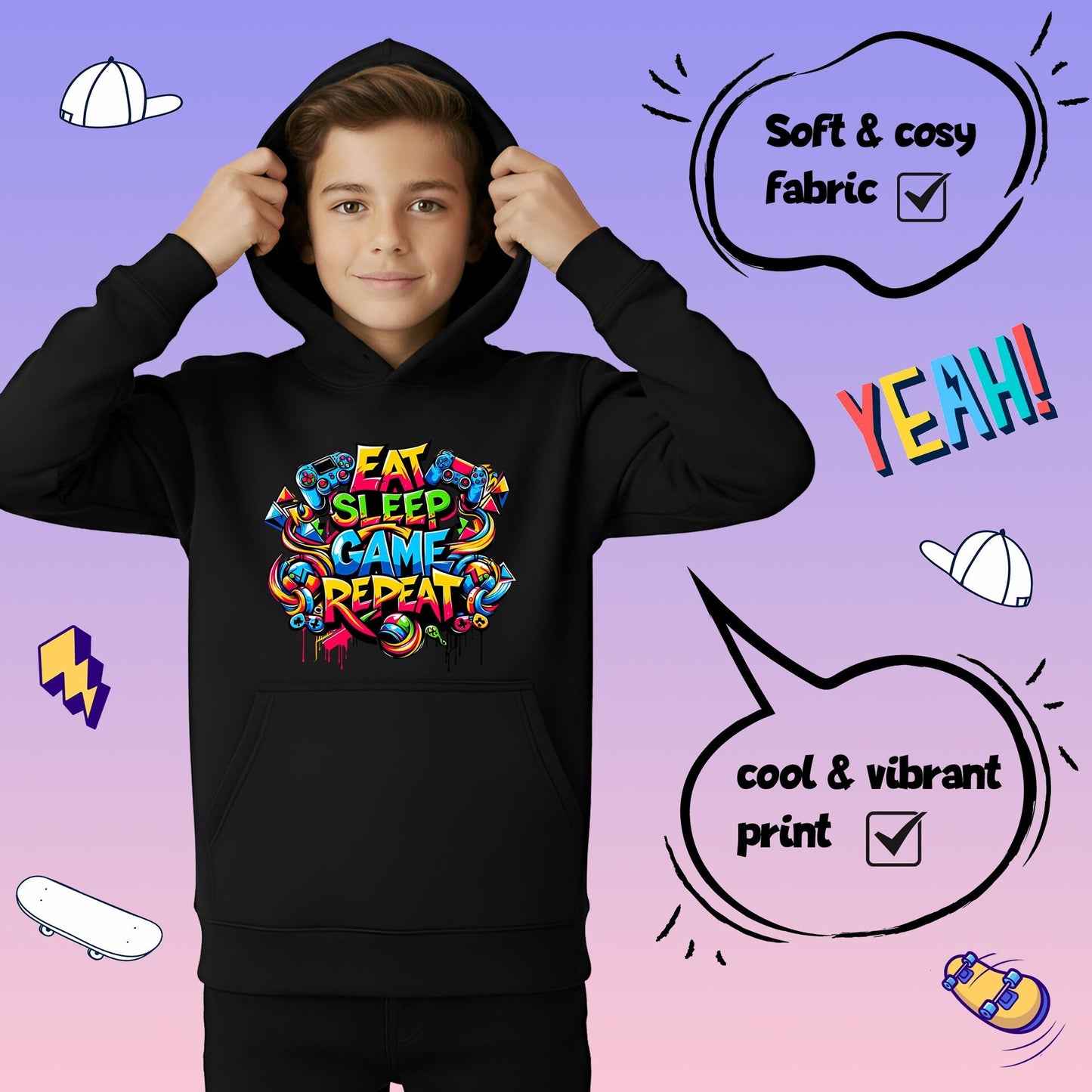 Sweat à capuche gymnastique – Fringoo gaming gris for Boys Cotton Rich Soft Hooded – Eat Game noir