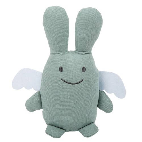 Plüschhase mit Rassel – Bio-Baumwolle Celadon