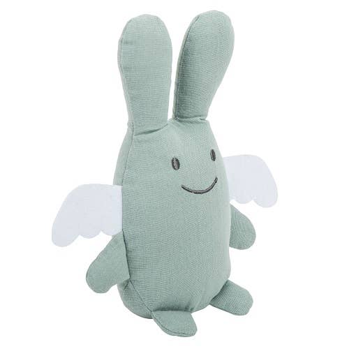 Plüschhase mit Rassel – Bio-Baumwolle Celadon