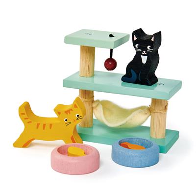 Tender Leaf Meubles de Poupées: SET ANIMAL DE FAMILIER CHATS 8,5x10x8,3cm, en bois, en boîte 13,8x7,3x14,1cm, 3+