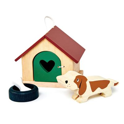 Tender Leaf Meubles de Poupées: SET ANIMAL DE FAMILIER CHIEN 7,7x12x6,5cm, en bois, en boîte 13,8x7,3x14,1cm, 3+