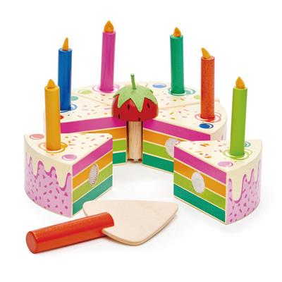 Tender Leaf Jeux de Rôle: GÂTEAU D'ANNIVERSAIRE ARC EN CIEL 13,2x13,2x8,5cm, 6 pièces avec 6 bougies colorées, avec serveur de gâteau, en bois, en boîte 18,5x6,5x18cm, 3+