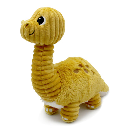 Peluche Marcus le diplodocus maman et son bébé jaune moutarde - vue de profil de la maman dino - Les Ptipotos