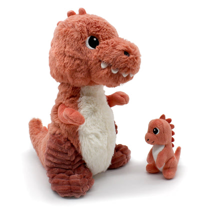 Peluche Alex le T-rex maman et son bébé terracotta - vue de la maman et du bébé tyrannosaure l'un face à l'autre - Les Ptipotos