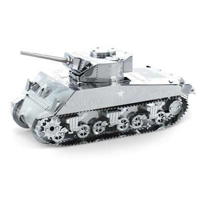 MetalEarth Char de Combat: SHERMAN TANK 7.33x3.47x3.37cm, maquette 3D en métal avec 2 feuilles, sur carte 12x17cm, 14+