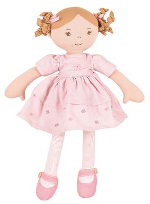 Bonikka: LINEN DOLLS 42cm / AMELIA avec des cheveux bruns clairs et une robe en lin rose, en boîte 22x8x42cm, 0+