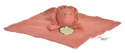 Tikiri Safari: DOUDOU BIOLOGIQUE rouge - LION avec anneau de dentation en caoutchouc naturel 30x30cm, sur carte, 0+