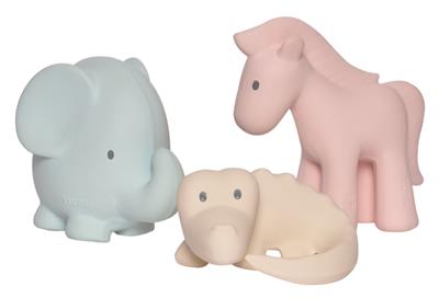 Tikiri: Collection Marshmallow SET DE 3 ANIMAUX SAFARI: éléphant bleu 11cm, cheval rose 12cm et crocodile en couleur crème 5cm, avec grelot, en caoutchouc naturel, dans un sac en filet, 0+