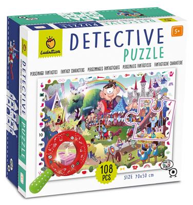 Ludattica Puzzles: PUZZLE DE DETECTIVE FANTASY, 22,5x22,5x9cm, 108 pièces, 50x70cm, avec loupe en bois, 5+