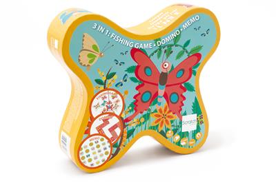 Scratch Jeu: JEU DE PAPILLON 3-en-1: 12 papillons avec points (magnétique, en bois) et 2 cannes à pêche (magnétique, en bois), domino 9.5x5cm (28 pièces, en carton) et memo (32 pièces, en carton), en boîte forme papillon, 18m+