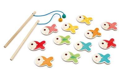 Scratch Jeu: JEU DE PÊCHE Classique, 12 poissons (7.5x5x0.5cm) avec points et 2 cannes à pêche, magnétique, en boîte forme poisson, 18m+