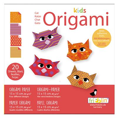 Kids Origami: CHAT 15x15cm, avec auto-collants, 20 feuilles avec 4 dessins et des autocollants, 6+