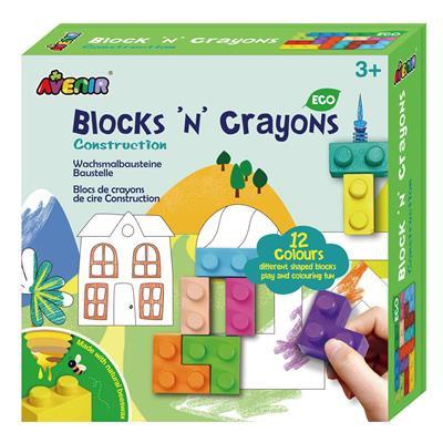 Avenir Blocks 'N Crayons: CONSTRUCTION, 12 couleurs et 3 formes de blocs, 3 feuilles à colorier, en cire d'abeille (10%), en boîte, 3+