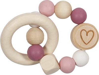 Goki Baby Hochet: COEUR rose diam.9cm, avec élastique, bois et silicone