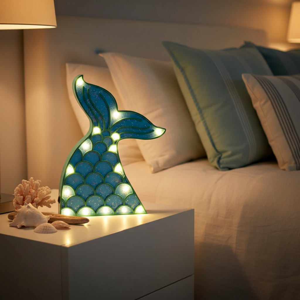 Leuchtfiguren aus Holz mit Meerjungfrau und Muschel