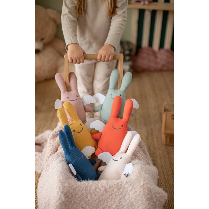 Ange Lapin Doudou avec Hochet - Coton Bio Bleu Denim