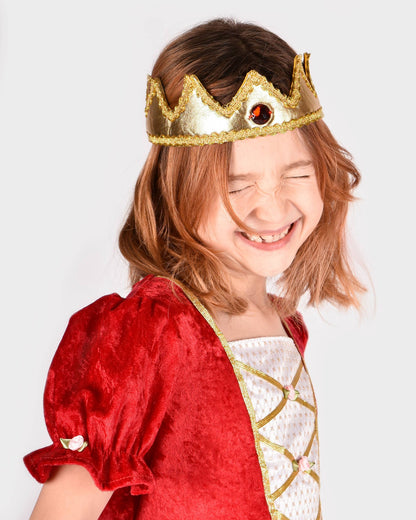 Couronne de roi textile dorée avec pierre rouge, fermeture velcro