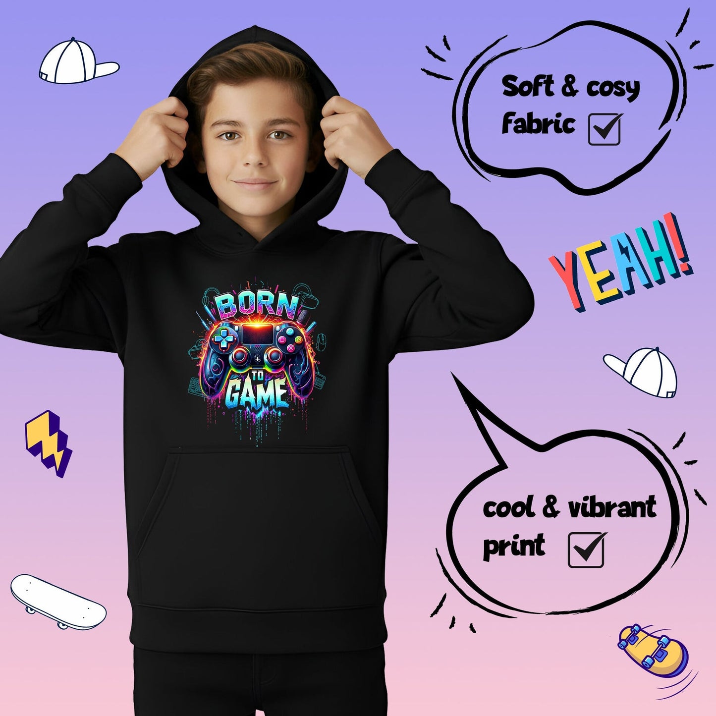 Sweat à capuche gaming – Fringoo gaming for Boys Cotton Rich Soft Hooded – Born to Game noir