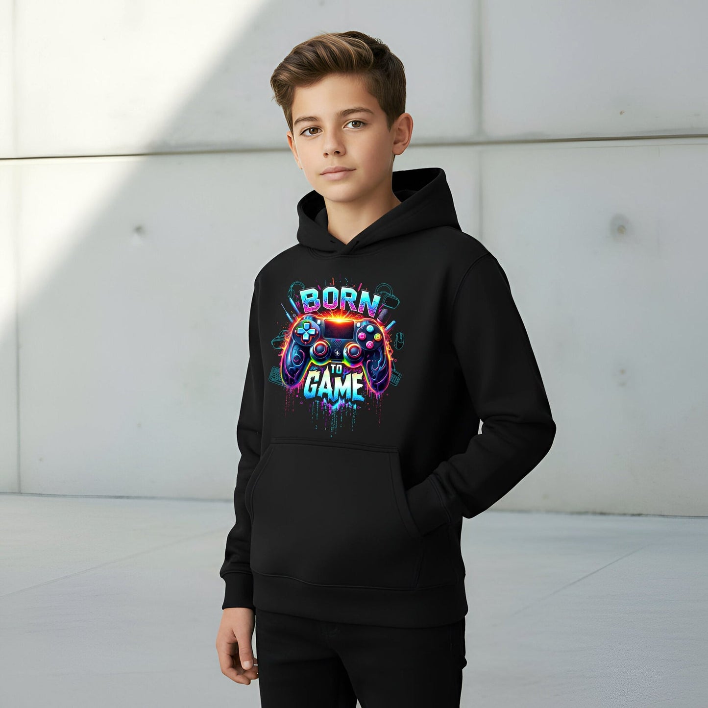 Sweat à capuche gaming – Fringoo gaming for Boys Cotton Rich Soft Hooded – Born to Game noir
