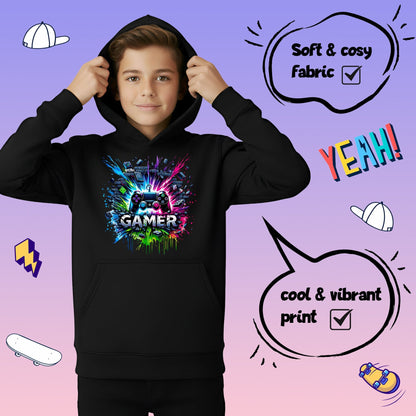Sweat à capuche gaming – Fringoo gaming for Boys Cotton Rich Soft Hooded – gaming Splash noir