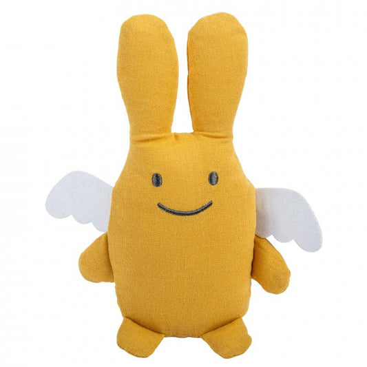 Stofftier Hase Kuscheltuch – Bio-Baumwolle Senffarben mit Rassel