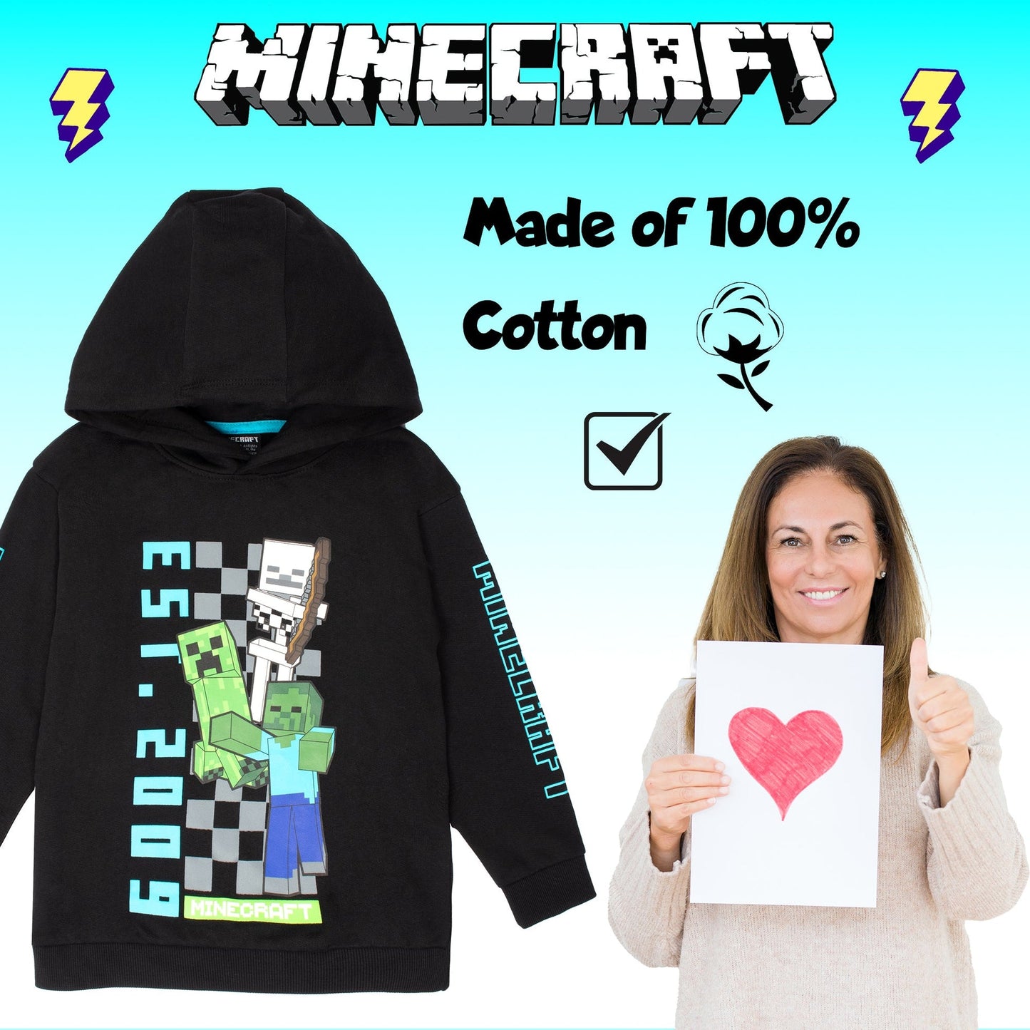 Minecraft Boys sweat à capuche with Kangaroo Pocket 100% Cotton