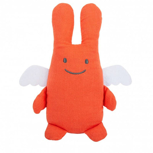 Hase Kuscheltier mit Rassel - Bio-Baumwolle Koralle