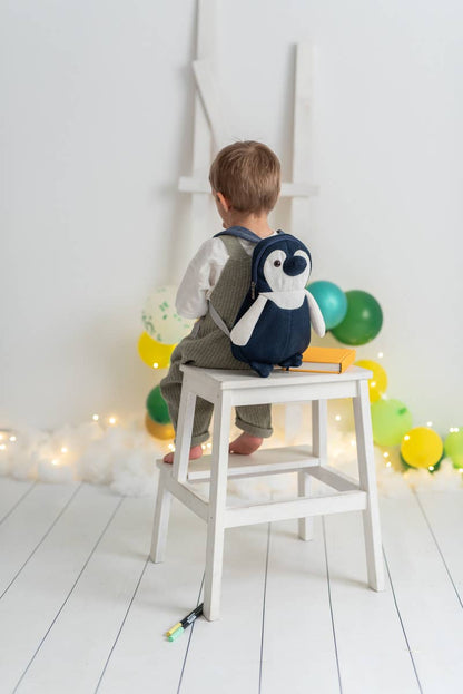 Gehäkelter Pinguin-Rucksack – Blau und Weiß