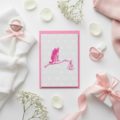 Grußkarte mit rosa Babystorch