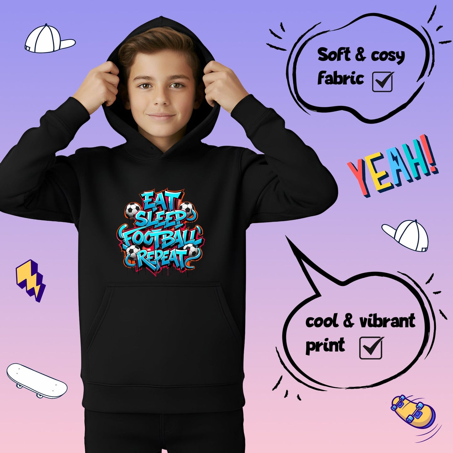 Sweat à capuche gymnastique – Fringoo gaming noir for Boys Cotton Rich Soft Hooded – EatFootball noir
