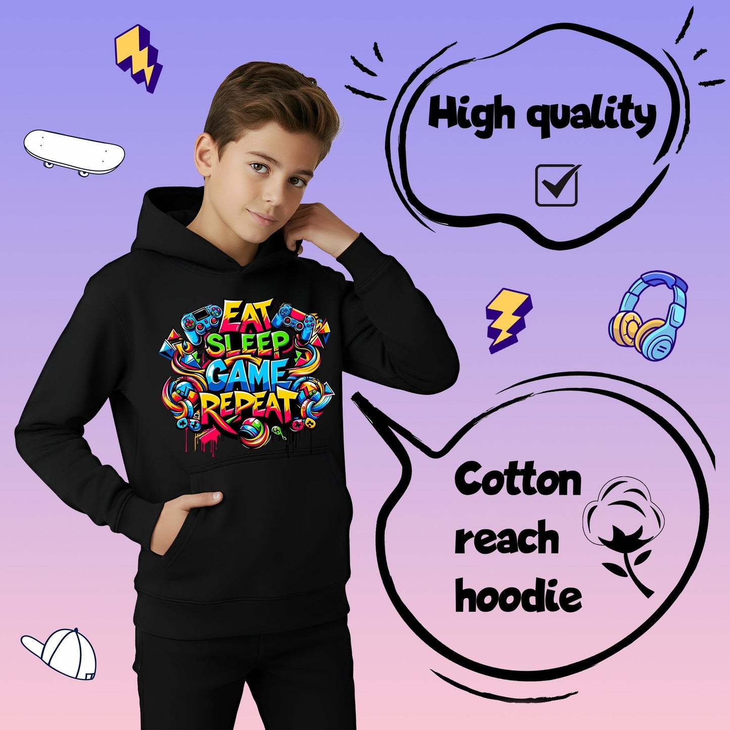 Sweat à capuche gymnastique – Fringoo gaming gris for Boys Cotton Rich Soft Hooded – Eat Game noir