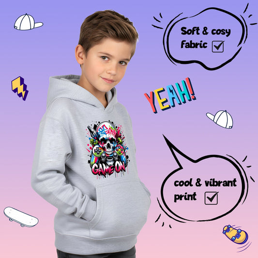 Fringoo gaming gray gymnastics hoodie for Boys Cotton Rich Soft Hooded – Game on Skull gray