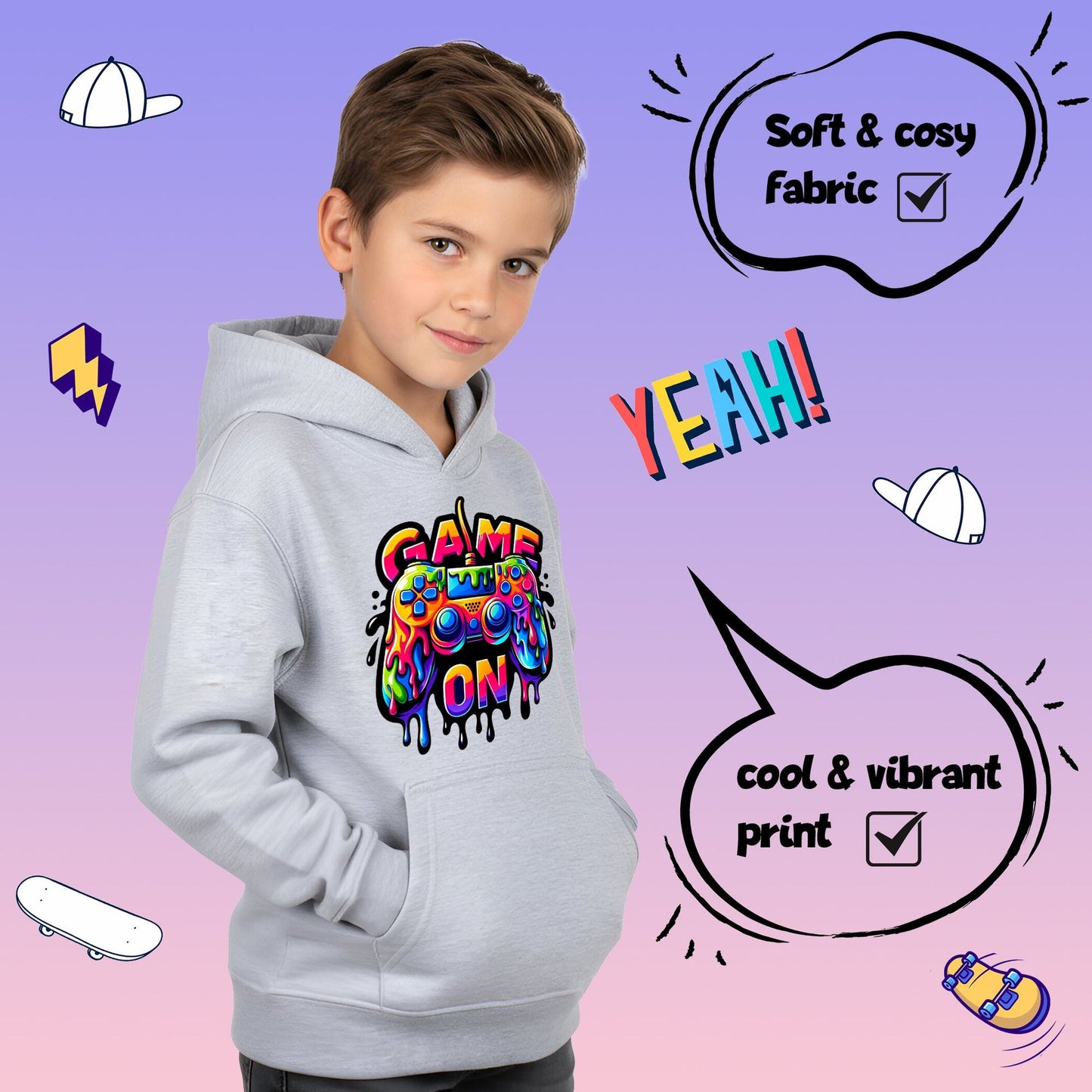 Sweat à capuche gaming – Fringoo gaming gris for Boys Cotton Rich Soft Hooded – Game on gris