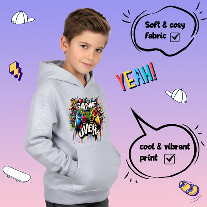 Sweat à capuche gymnastique – Fringoo gaming gris for Boys Cotton Rich Soft Hooded – Game over Graffiti gris