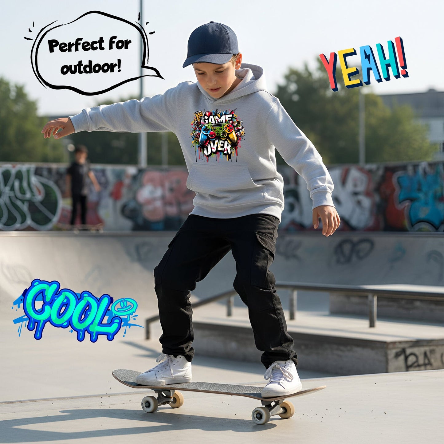 Sweat à capuche gymnastique – Fringoo gaming gris for Boys Cotton Rich Soft Hooded – Game over Graffiti gris