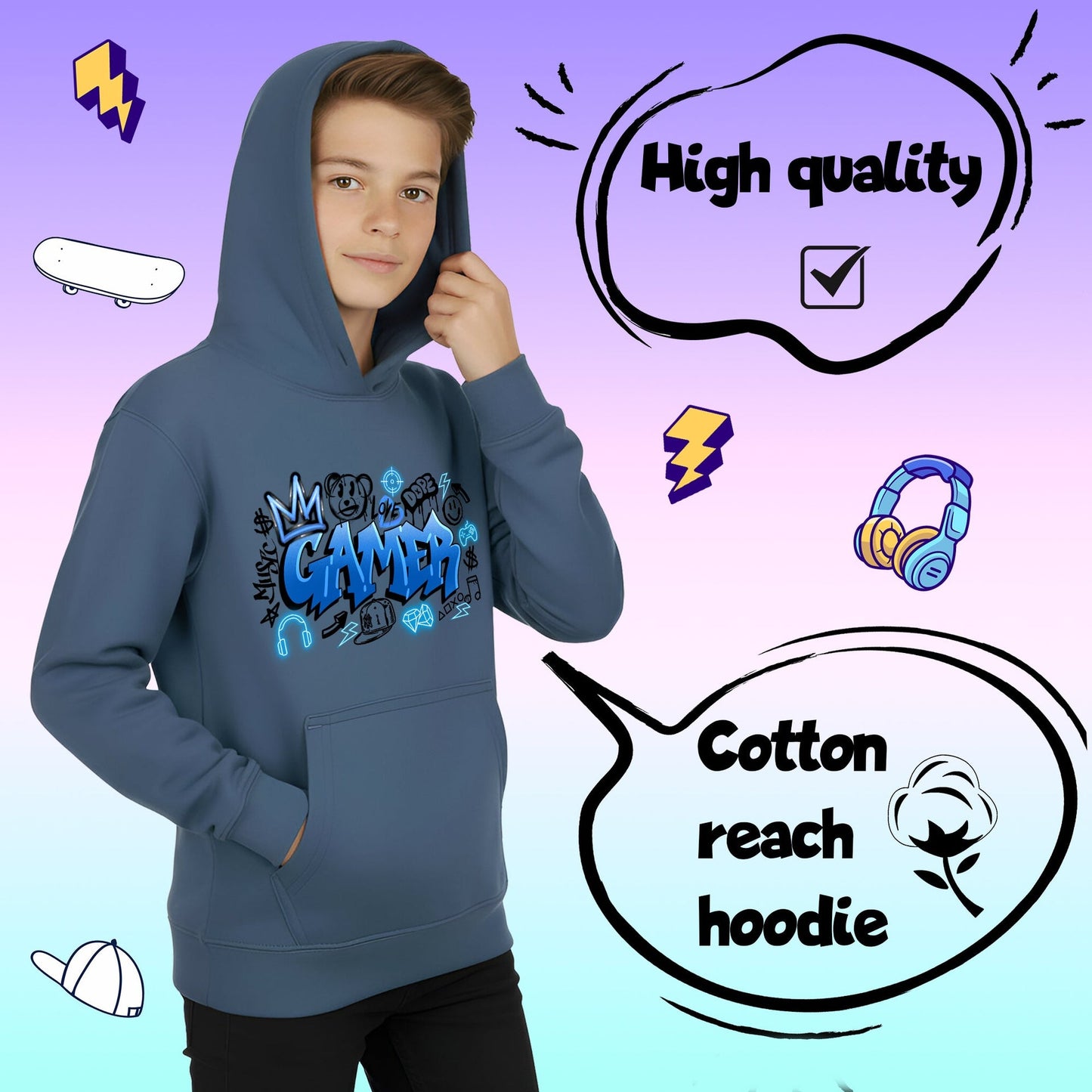Sweat à capuche gaming – Fringoo gaming for Boys Cotton Rich Soft Hooded – gaming Graffiti bleu