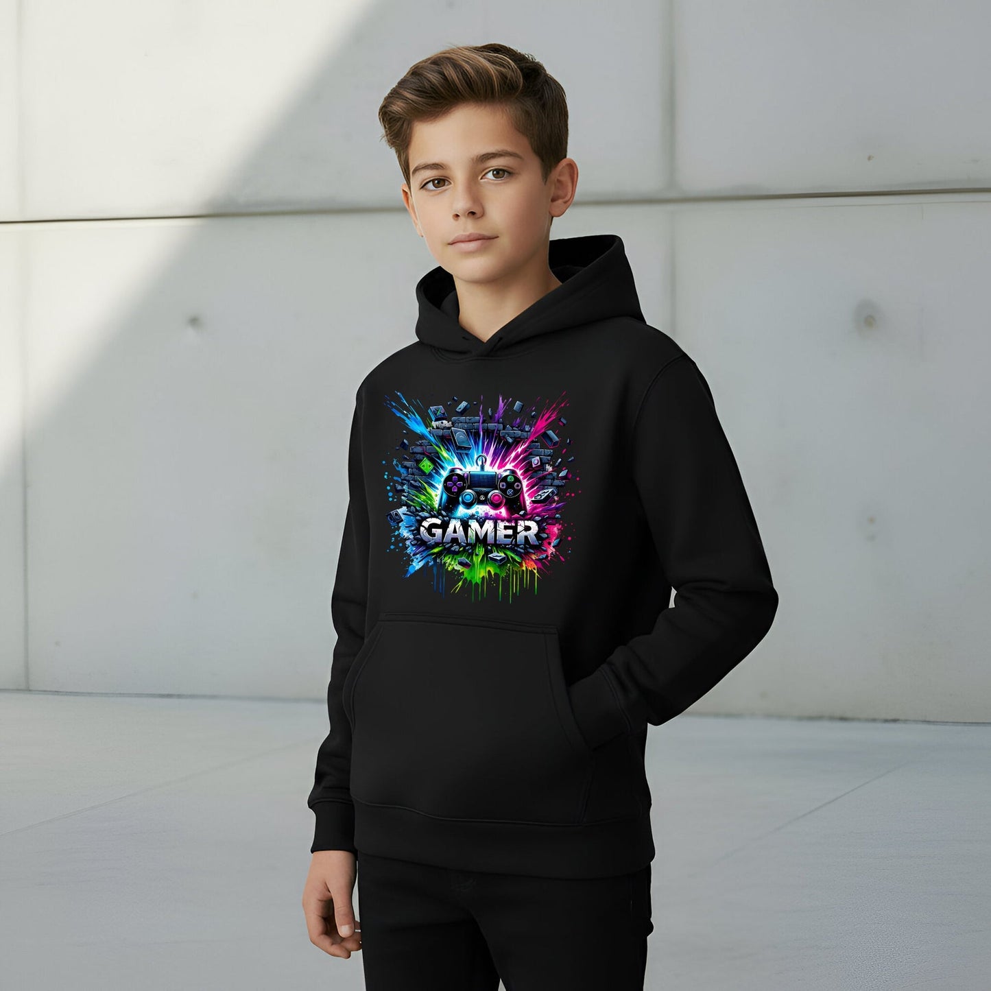Sweat à capuche gaming – Fringoo gaming for Boys Cotton Rich Soft Hooded – gaming Splash noir