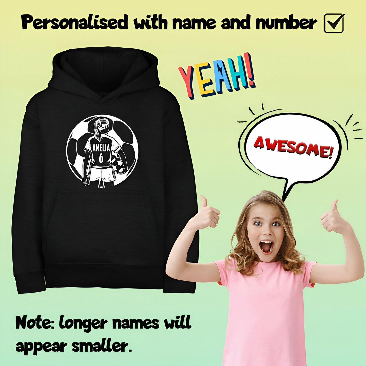 Sweat à capuche football – Fringoo football noir for Girls Cotton Rich Soft Hooded – football Ball Girls noir