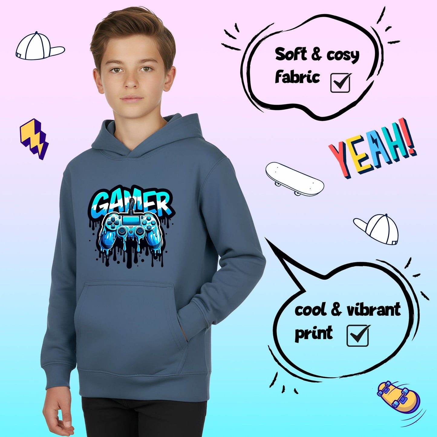 Sweat à capuche gaming – Fringoo gaming for Boys Cotton Rich Soft Hooded – Dripping gaming bleu