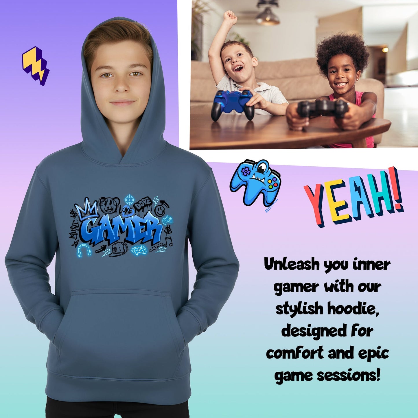 Sweat à capuche gaming – Fringoo gaming for Boys Cotton Rich Soft Hooded – gaming Graffiti bleu