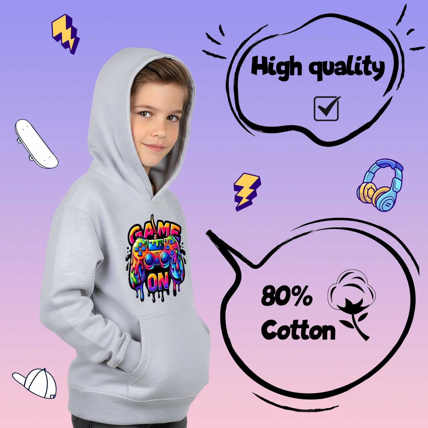 Sweat à capuche gaming – Fringoo gaming gris for Boys Cotton Rich Soft Hooded – Game on gris