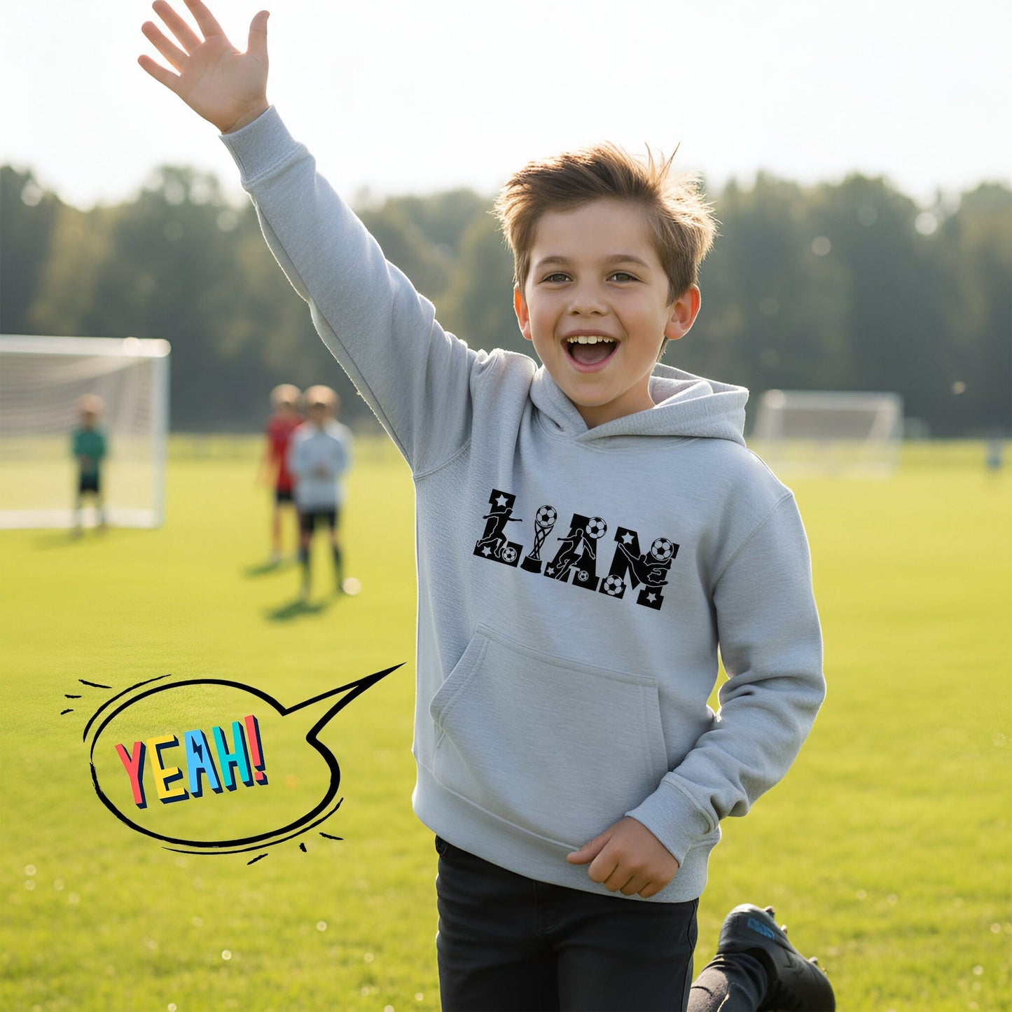 Fußball-Kapuzenpullover – Fringoo Fußball-Grau für Jungen, Baumwollreich, weicher Kapuzenpullover – Fußball-Alphabet-Grau