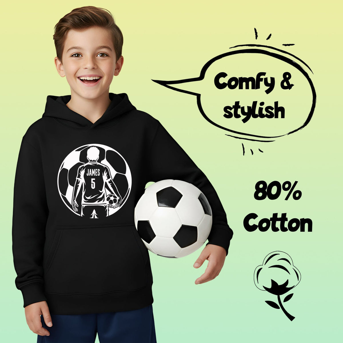 Sweat à capuche football – Fringoo football noir for Boys Cotton Rich Soft Hooded – football Ball noir