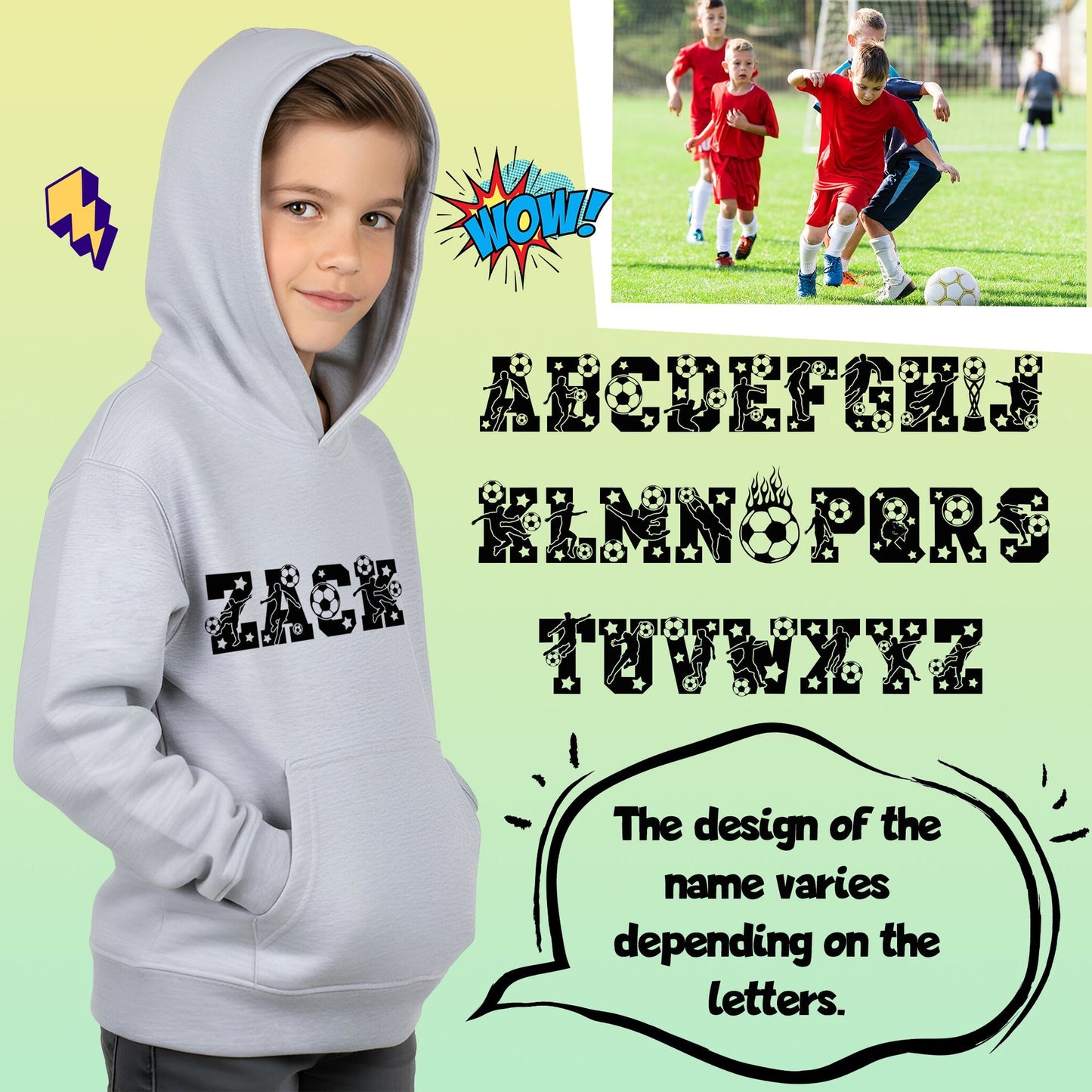 Sweat à capuche football – Fringoo football gris for Boys Cotton Rich Soft Hooded – football Alphabet gris